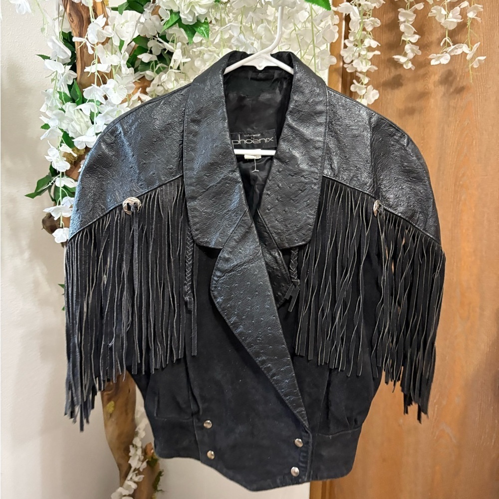 Phoenix Vintage Black Leather Jacket with Fringe Accents
